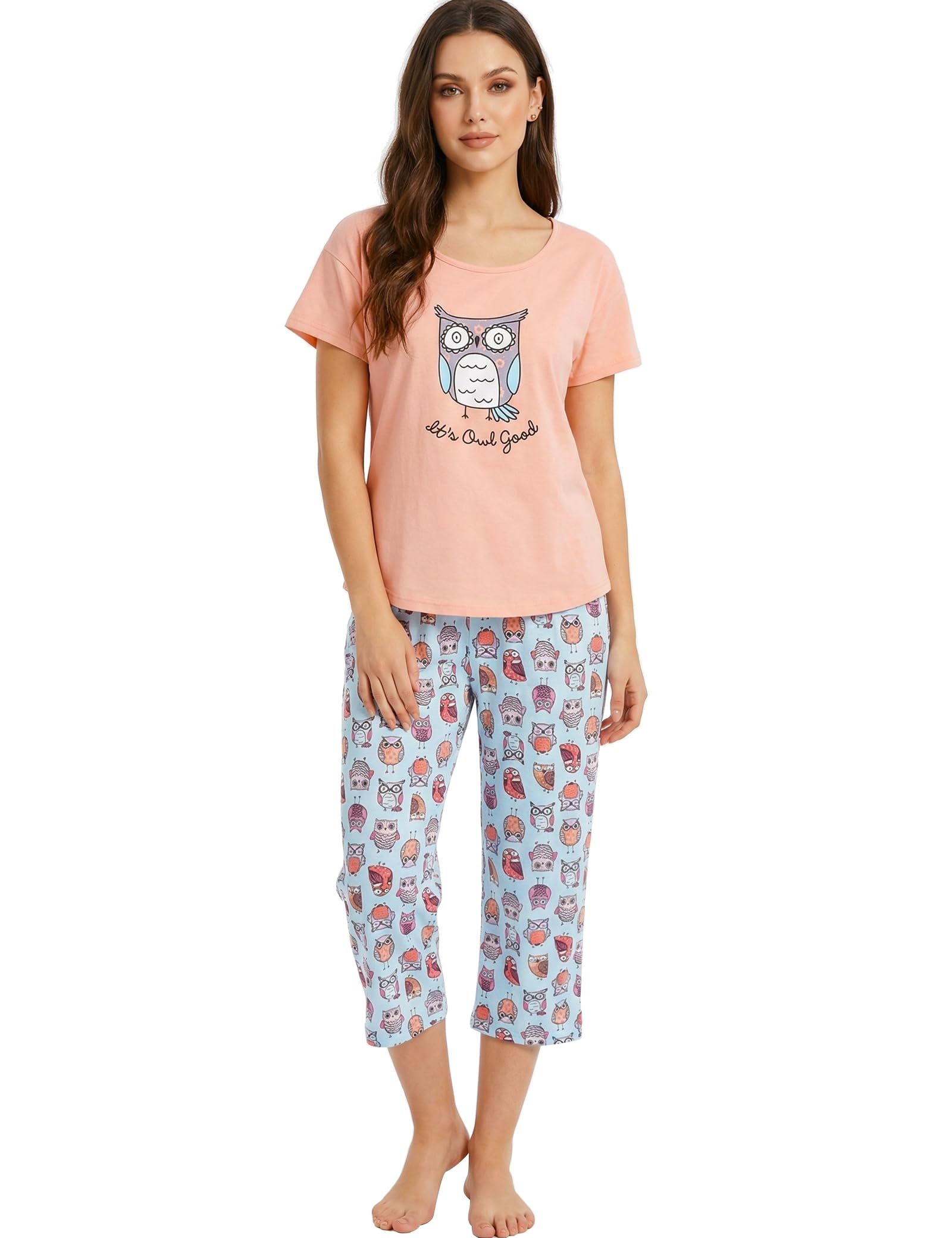 CHUNG Women Cotton Pajama Sets Sleepwear pjs Short Sleeve Shirt Capri Length Crop Pants Cute Vivid Print