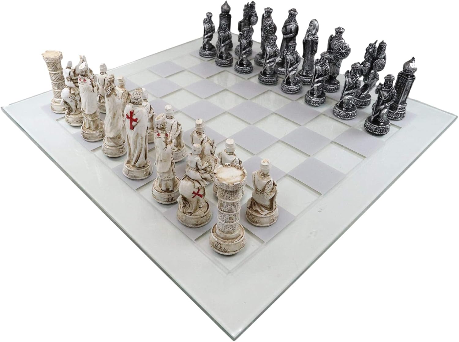 Ebros Gift Hand Painted Medieval Crusader Knights of The Cross Christian VS Muslim Saladin Ottoman Empire Resin Chess Pieces with 15" by 15" Checkered Frosted and Transparent Glass Board Set