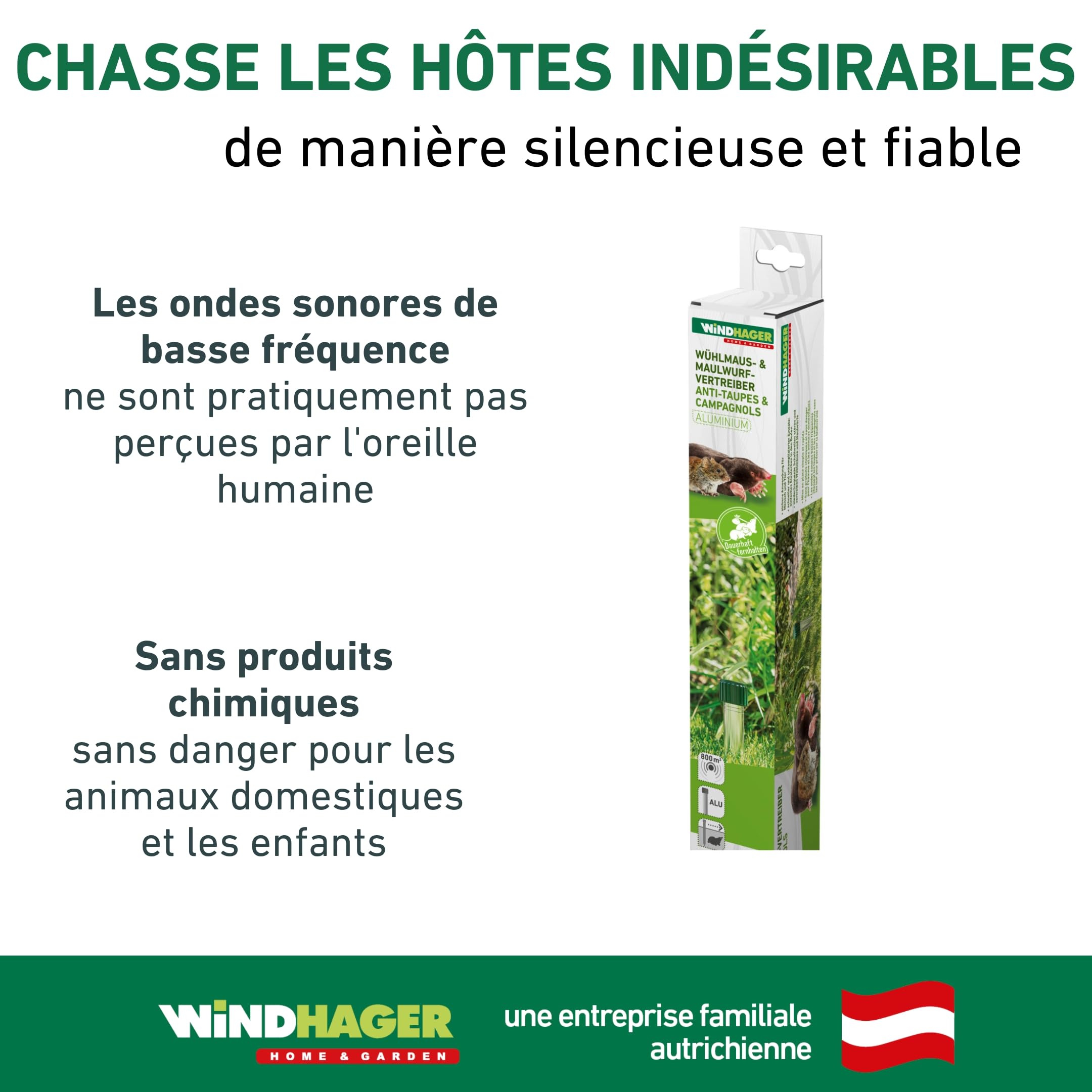 Windhager Répulsif Taupe & Campagnol Aluminium, Ultrasons sans Produits Chimiques, Portée Jusqu’à 800 m², Fonctionne à Piles, Résistant aux Intempéries, 02130