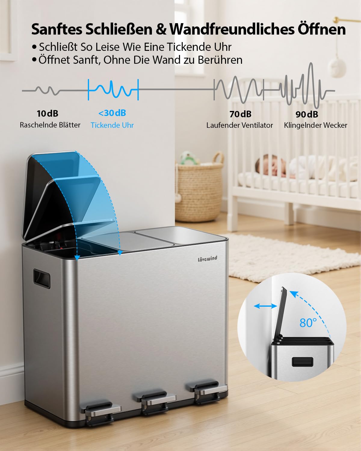 lovewind Mülleimer, 3 x 17 l Recyclingeimer, 3-Fach-Mülleimer für Recycling und Abfall, inklusive magnetisches Etikett, Soft-Close-Deckel, Pedale, Inneneimer, Stahl, Silber