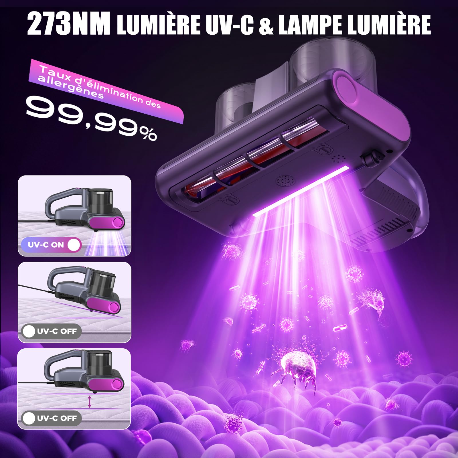 Aspirateur Acarien pour Matelas avec Lumière UV-C, Aspirateur Anti Acariens Forte Aspiration, Filtre HEPA, Air Chaud, Ultrasonique, Aspirateur Matelas Elimine 99,9% des Allergènes