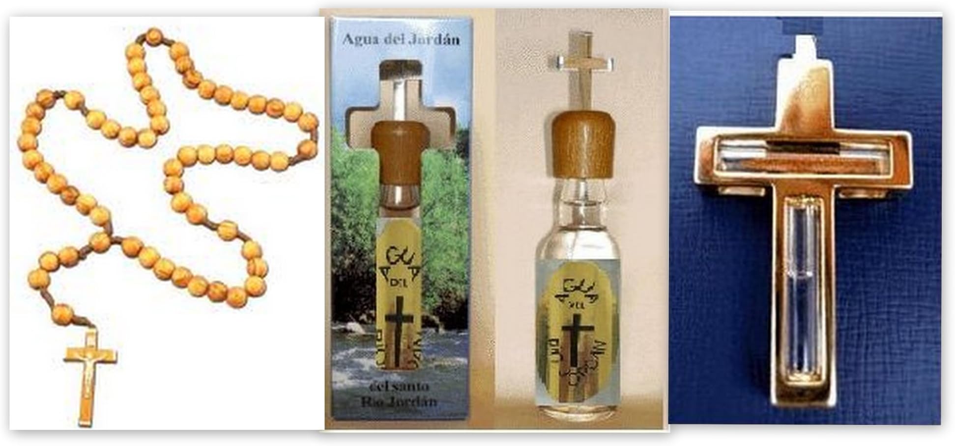 Holy Jordan Water - Agua Bendita 24k Gold Plated Holy Jordan River Cross Olive Wood Rosary From Bethlehem