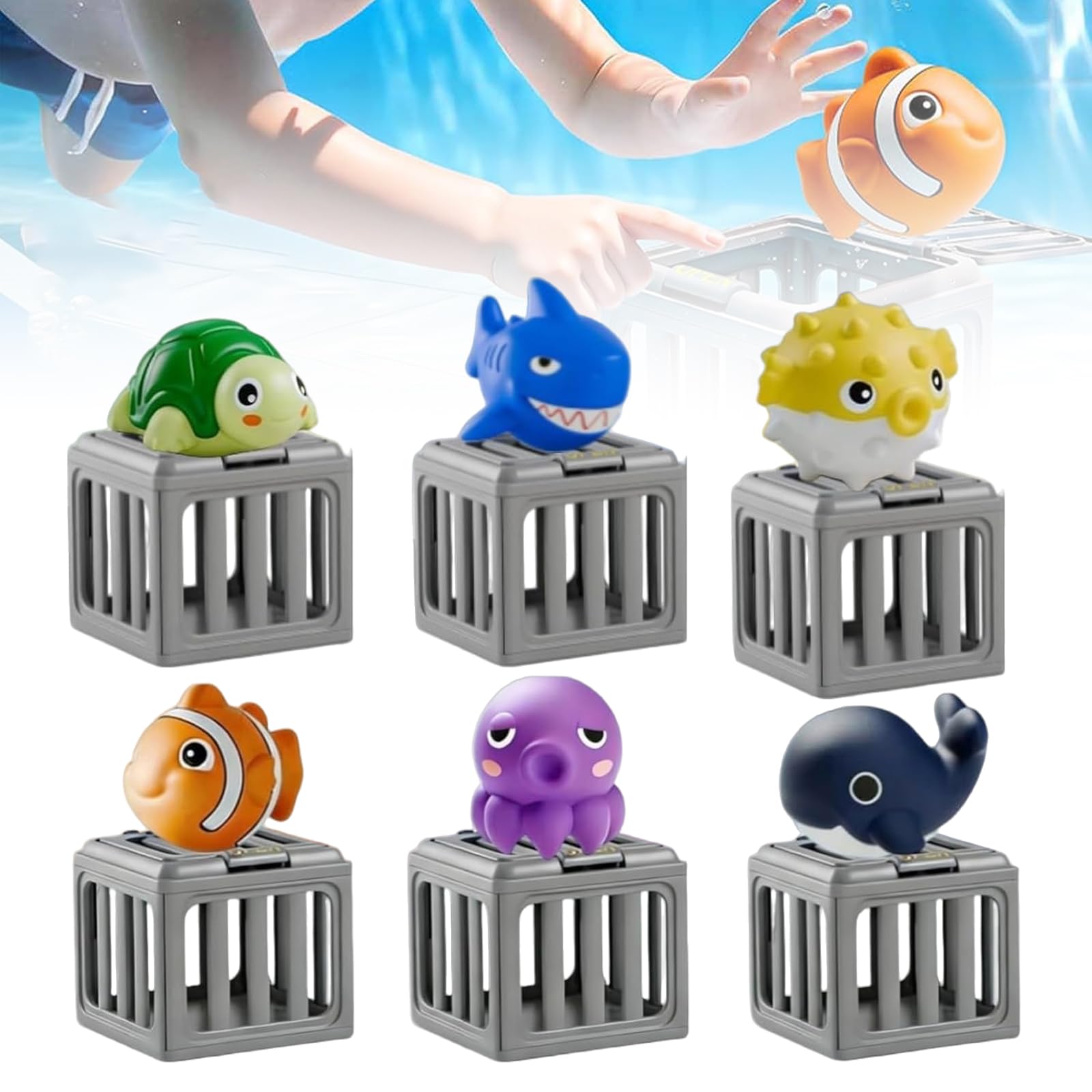 Pool Diving Toys for Kids, Underwater Dive Rescue Toys, Underwater Sinkies for Kids Swimming with Floating Animals & Weighted Cages, Seek And Splash Pool Game Set for Boys Girls (Mix)