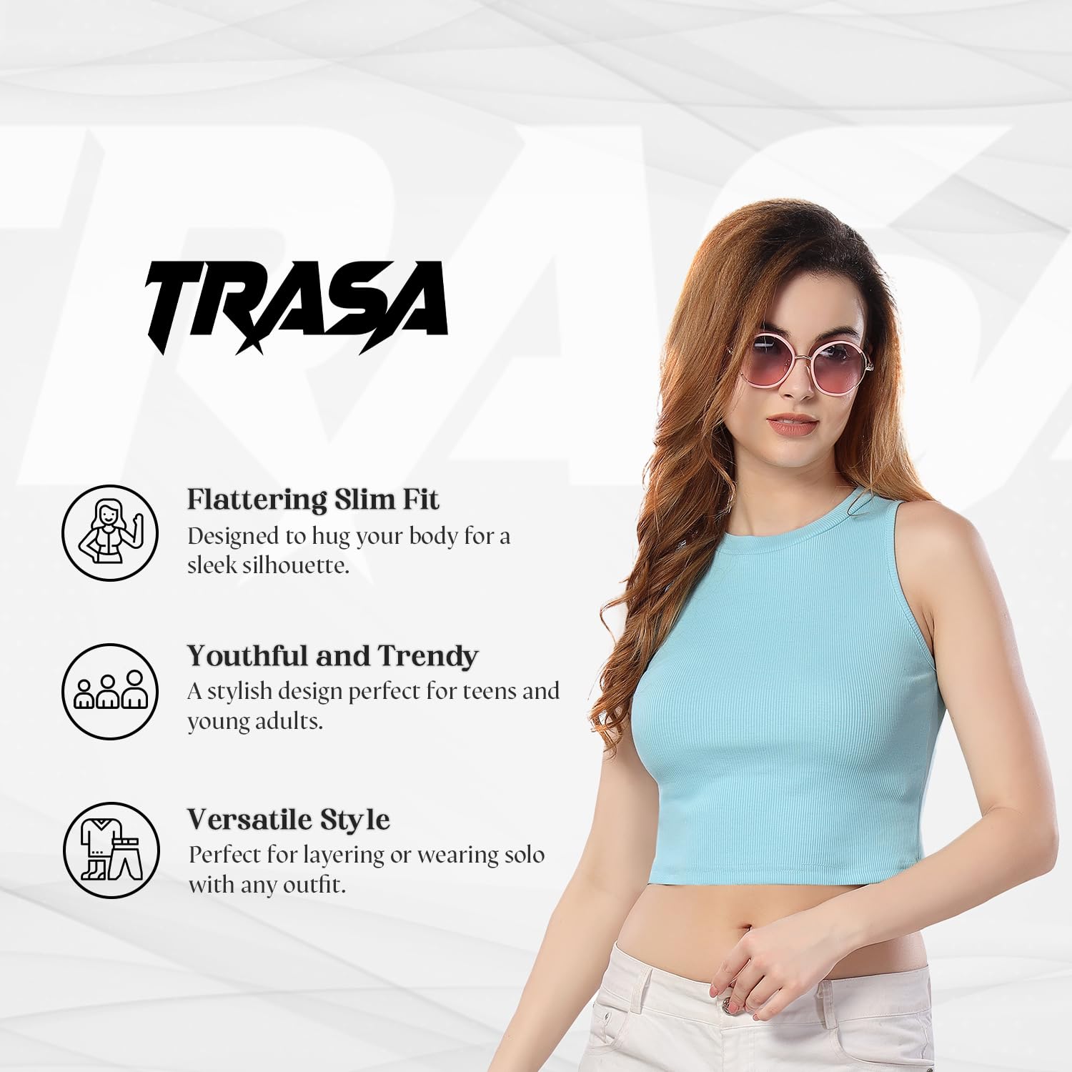 TRASA Women's Sleeveless Rib Knitted 100 Percent Cotton Racer Back Tank Slim Fit Tops Halter Neck Crop Tank Tops - Sky Blue - Xs - Image 2 thumbnail