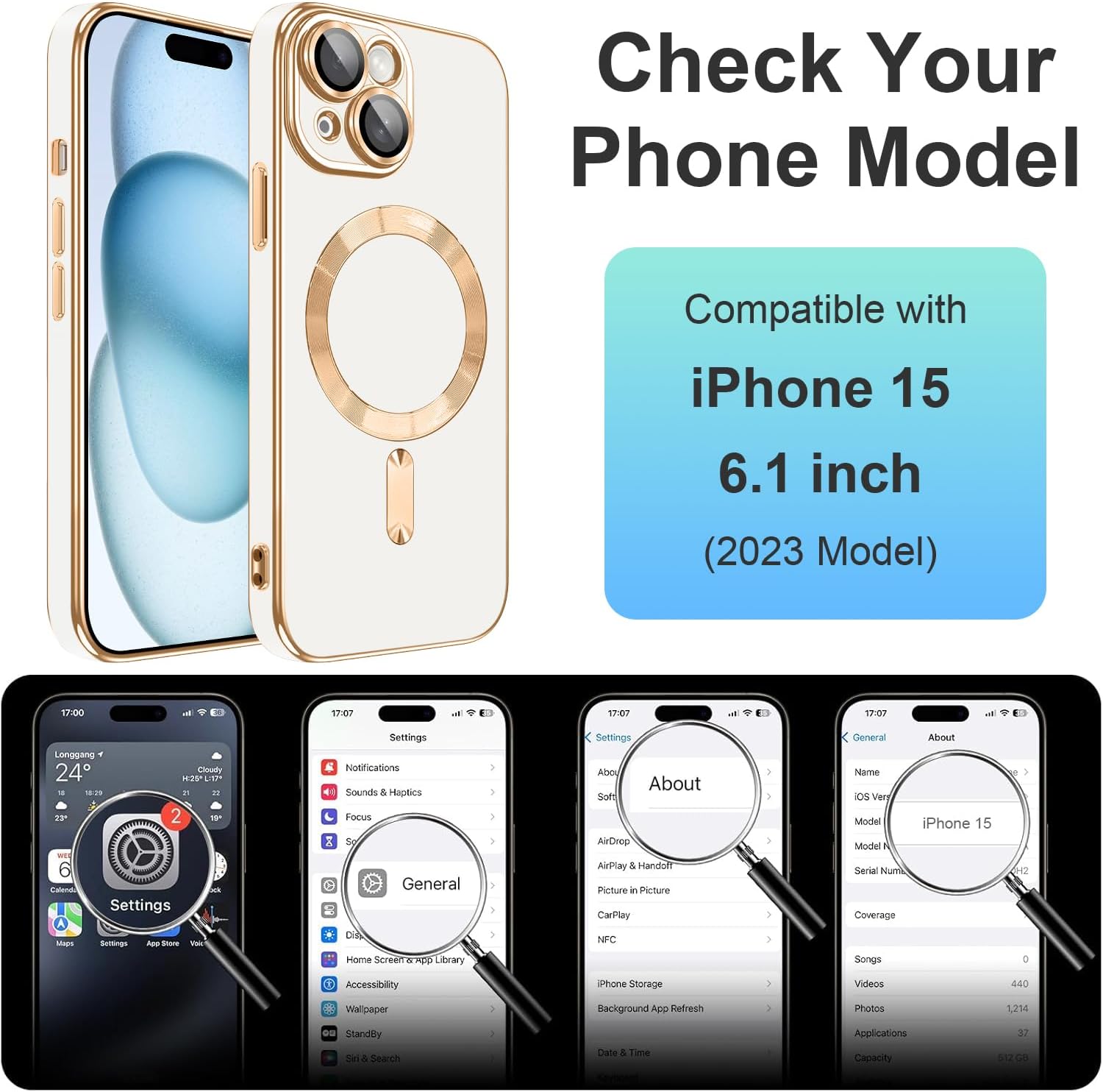 Dinick Designed for iPhone 15 Case with Magnetic [Built-in Camera Cover] Compatible with MagSafe Soft TPU Glitter Cover Anti-Scratch Protective Slim for iPhone 15 Case White and Gold - Image 7