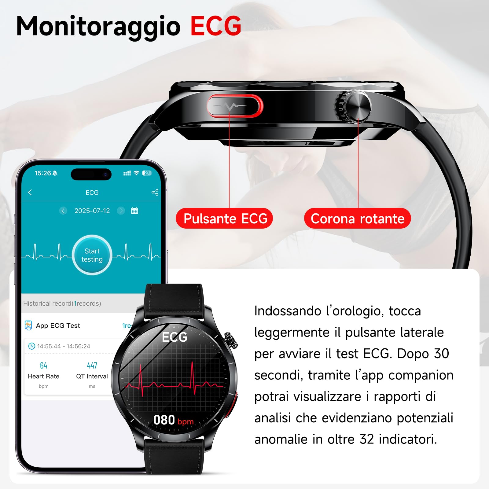 2026 Nuovo Smartwatch Uomo Con ECG/HRV/BMI,Per Android iOS (Nero) | 1,43" AMOLED Orologio Salute Con 24H Pressione Arteriosa/ Frequenza Cardiaca/SpO2/Sonno/Chiamata SOS, Contapassi IP68