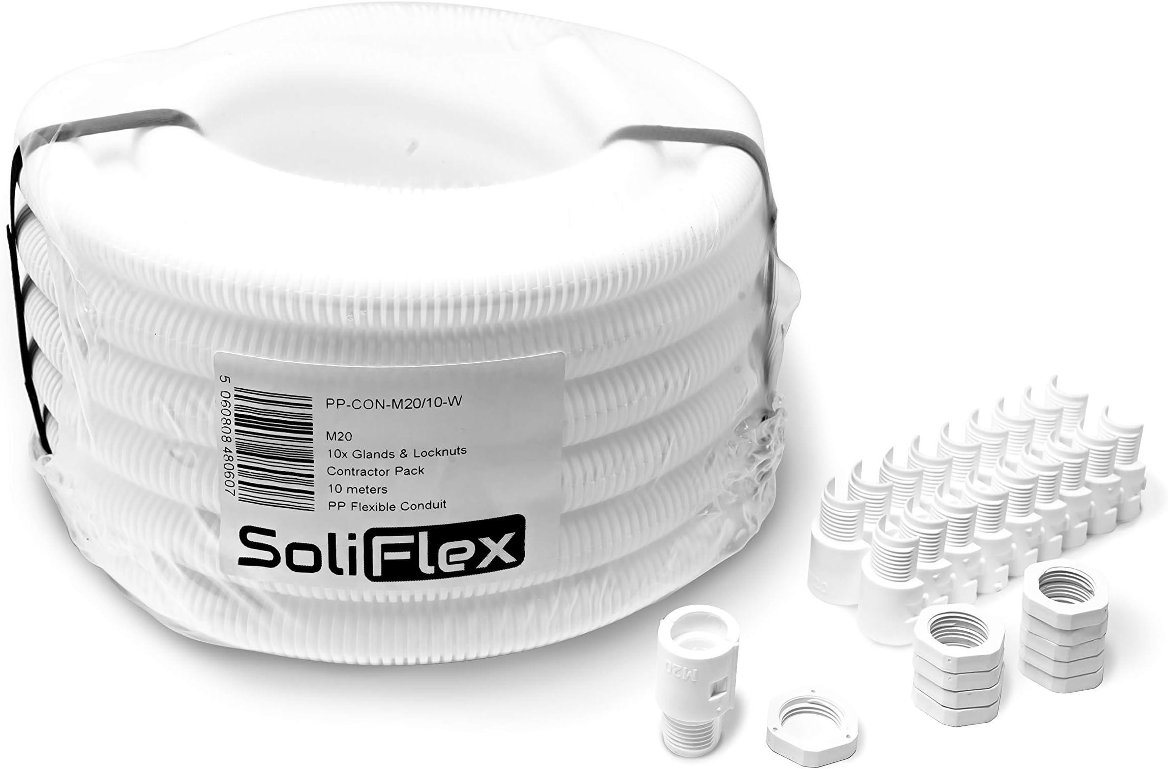 SoliFlex Flexible Conduit Outdoor Cable Contractor Pack IP40-10M Coil - Underground Burial, External Trunking, Electrical Ducting, Hose Pipe Wire Protection. w/Fittings - 10 Glands and Locknuts