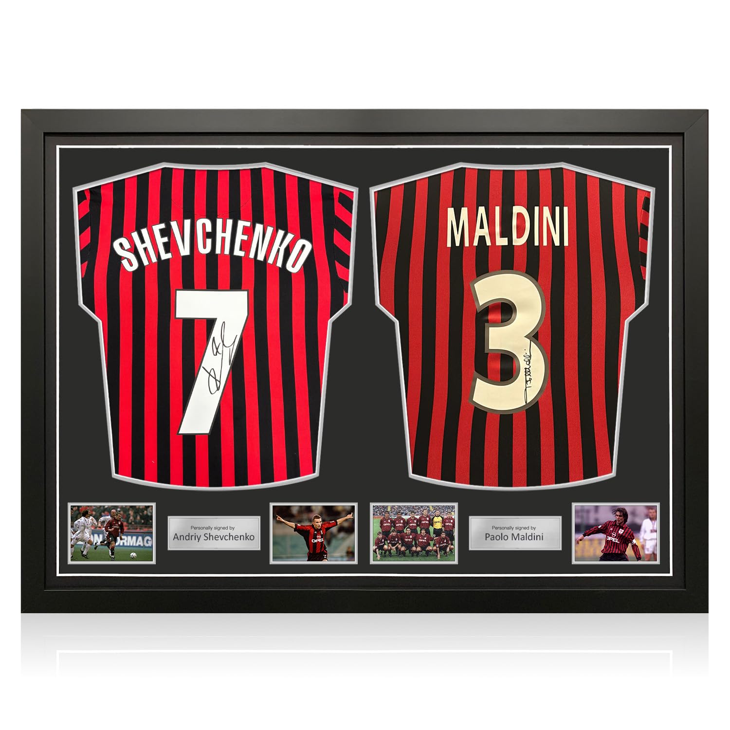 Exclusive Memorabilia Andriy Shevchenko & Paolo Maldini Signed Milan Shirts. Framed