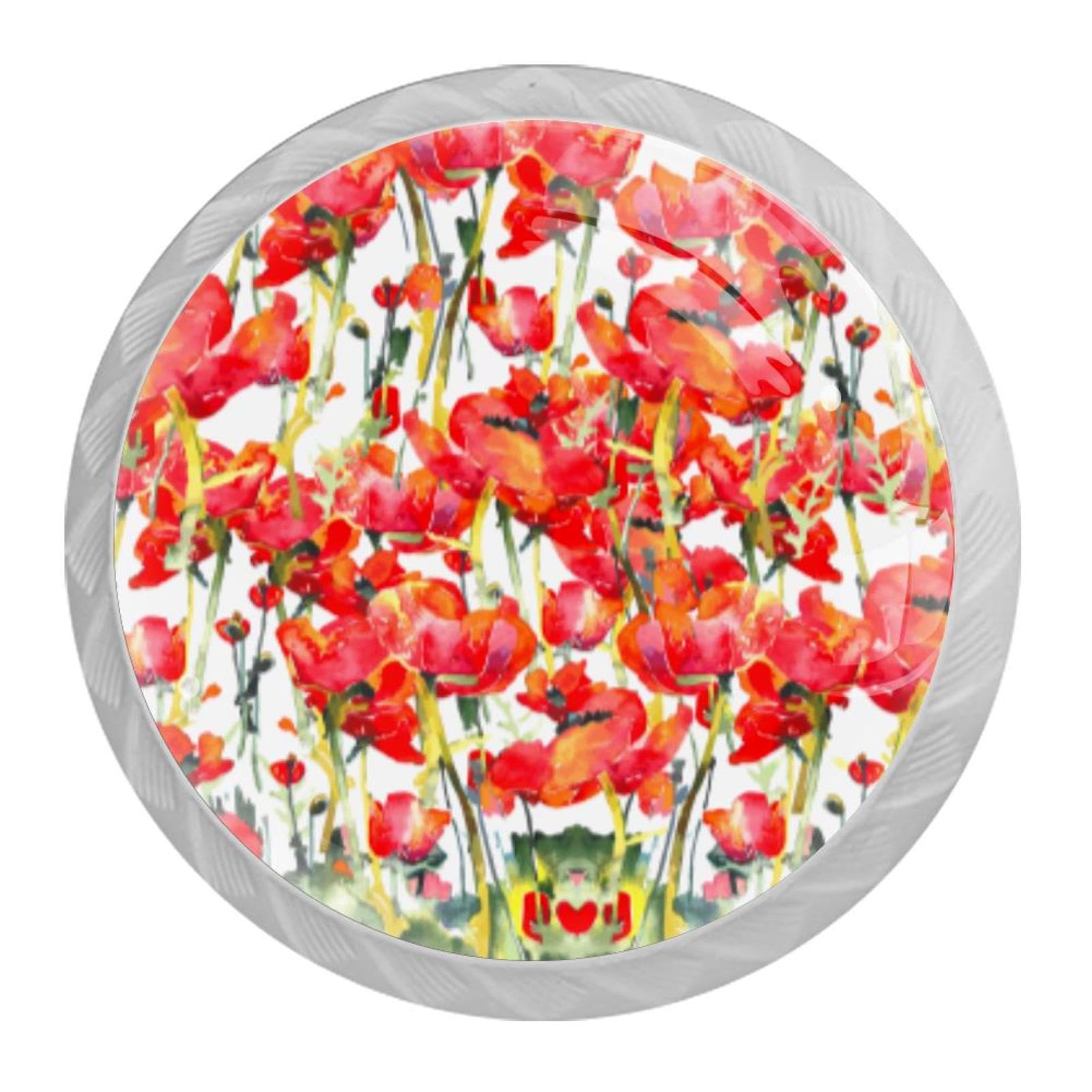 Tqmspg 4 Pieces Drawer Pulls Red Poppies Flowers Painting Door Knobs Dresser Handles for Kitchen Wardrobe Cupboard Hardware Furniture