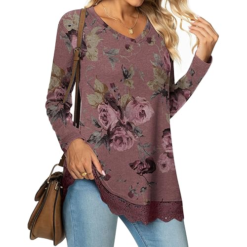 Netsmile Women's Tops Fall Long Sleeve Tunics Loose Dressy Casual Shirts Lace Hem Sweatshirt for Leggings