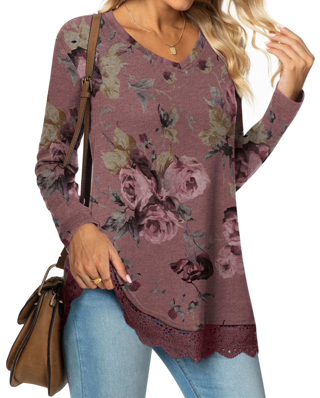 Women's Tops Fall Long Sleeve Tunics Loose Dressy Casual Shirts Lace Hem Sweatshirt for Leggings