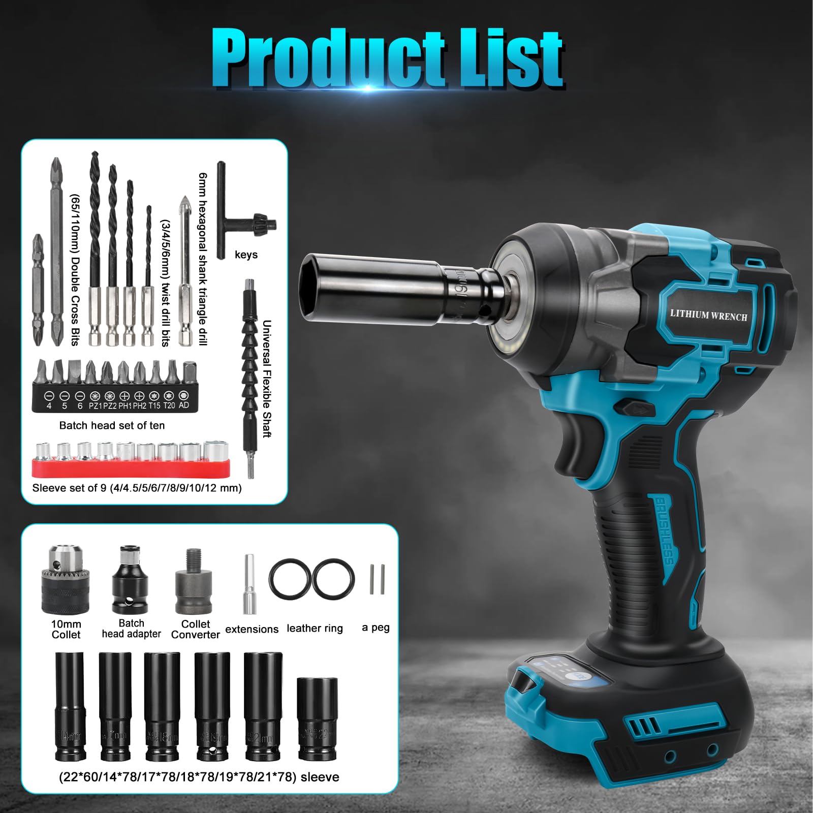 Clé à Chocs Sans Fil 650 Nm Visseuse pour Makita 18V Sans Batterie | 3 IN 1 Brushless Boulonneuse à Choc, 3 Vitesses et Lumière LED, Pour Pneus, Montage Automobile