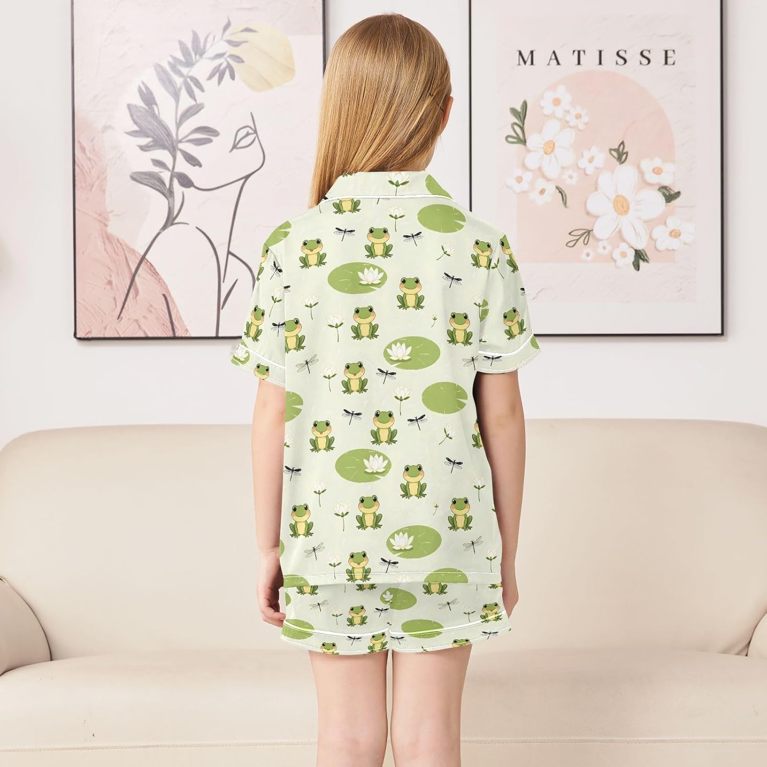 Kids Satin Wear Set Frog Dragonfly Lotus Flower Relaxing Clothing Short Sleeve and Shorts