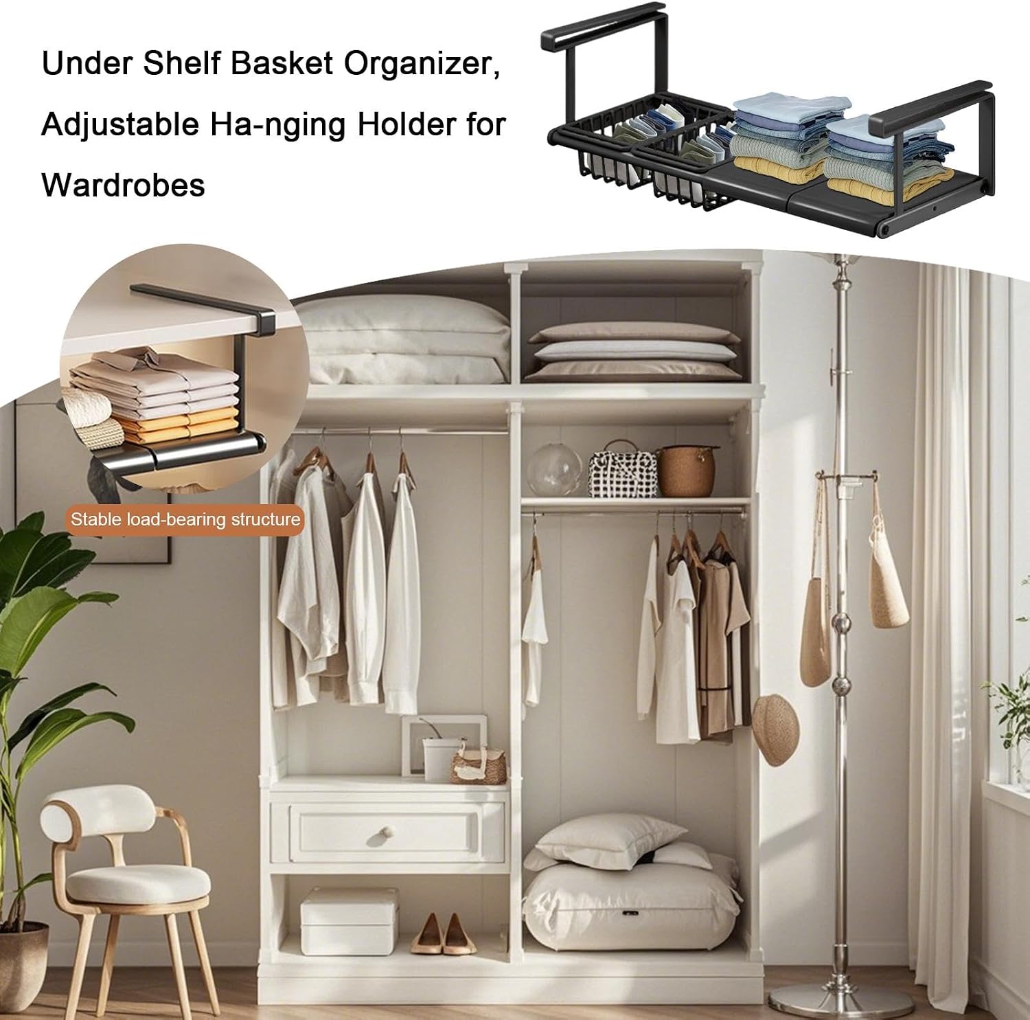 Under Shelf Basket,Extendable No-Drill Basket Holder | Under Shelf Storage Rack,for Home Wardrobe Kitchen Bathroom Pantry Closet Laundry Bedroom Rv Dorm
