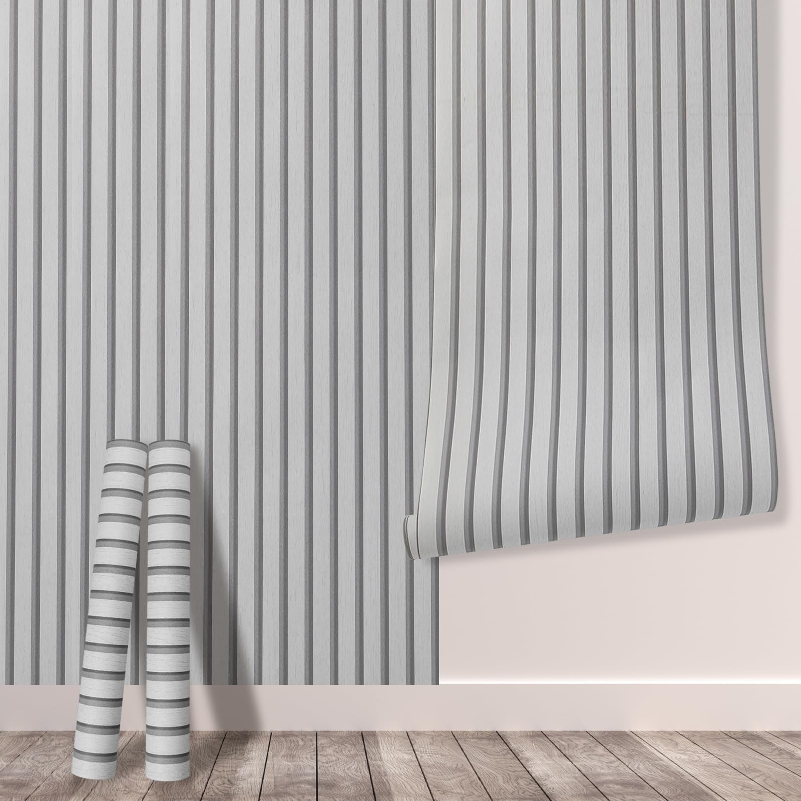 Tarwanear Wood Effect Wallpaper Wood Slat Wallpaper 2 Rolls(10.06m²) Light Grey Wooden Slat Effect Wall Paper Natural Wooden Slatted Roll for Living Room Bedroom Office Front Desk Feature Wall