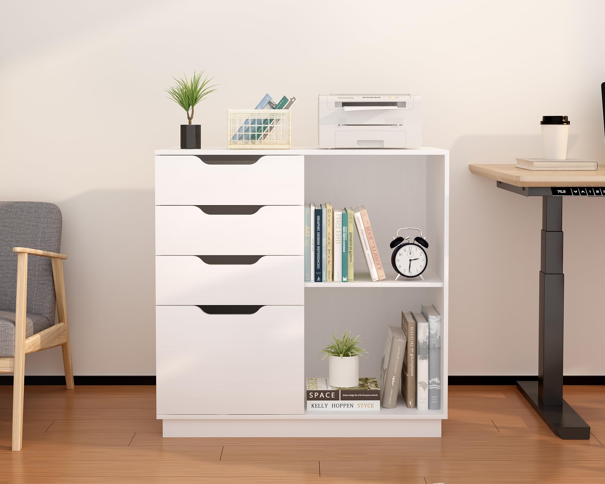 EasyPAG Archivador Lateral de Madera con 4 Cajones Soporte Impresora para Oficina y Hogar Cajonera Escritorio Almacenamiento Papel A4,Blanco