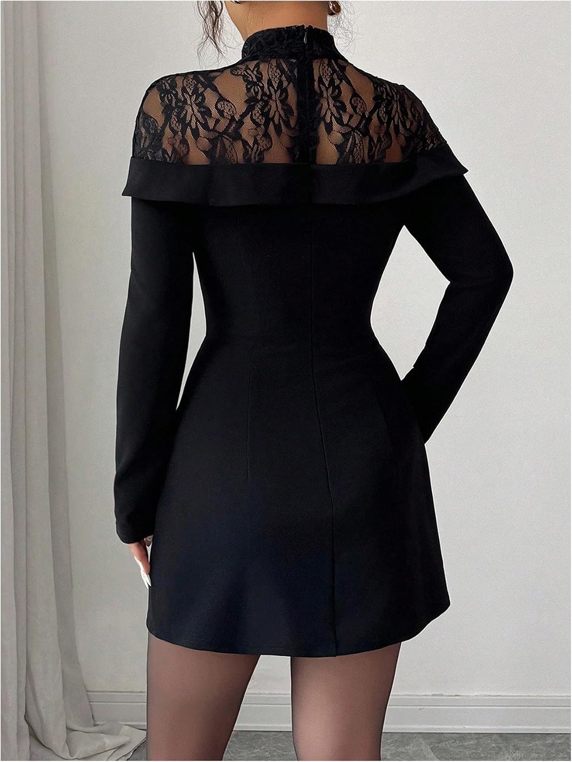 GORGLITTER Women's Lace Ruched Long Sleeve Cocktail Dress Mock Neck Elegant Short A Line Evening Dresses