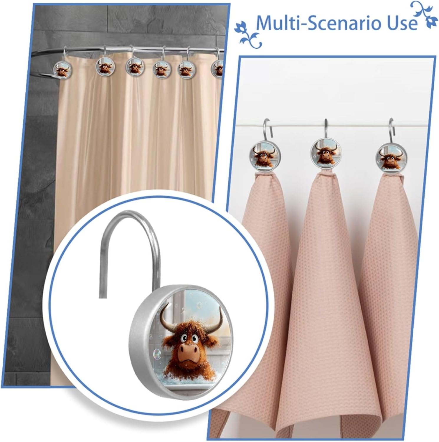 12 Packs Bathing Cow Shower Curtain Hooks, Stainless Steel Glass Shower Curtain Rings for Bathroom Decor, Metal Rustproof Curtain Rod Hooks