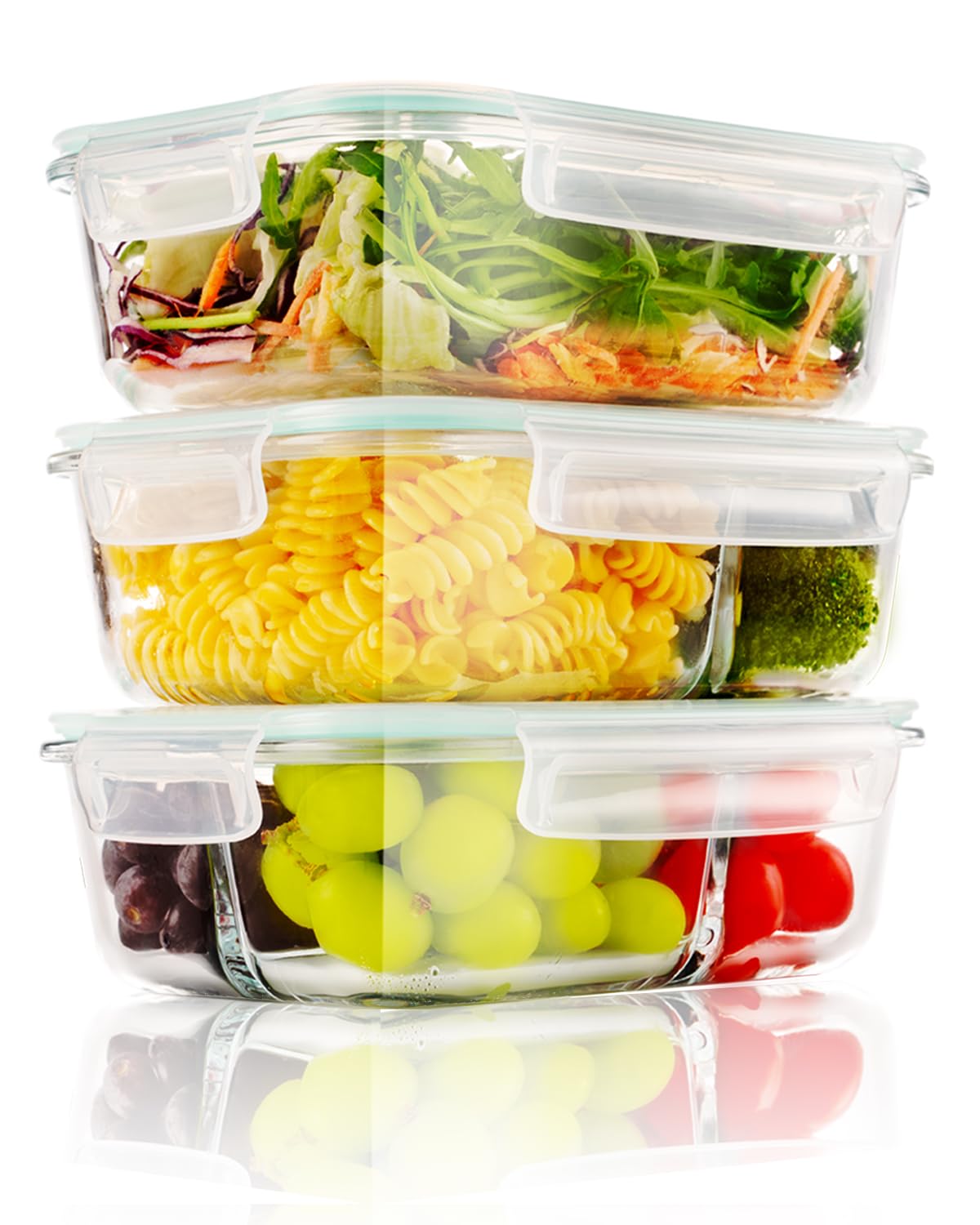 YBCPACK 3er Set 1040ml Meal Prep Boxen Glas 1&2&3 Fächer Glasbehälter | mit Deckel - Luftdicht, BPA-Frei, Gefrierschrank und Ofen Sicher Mealprepboxen