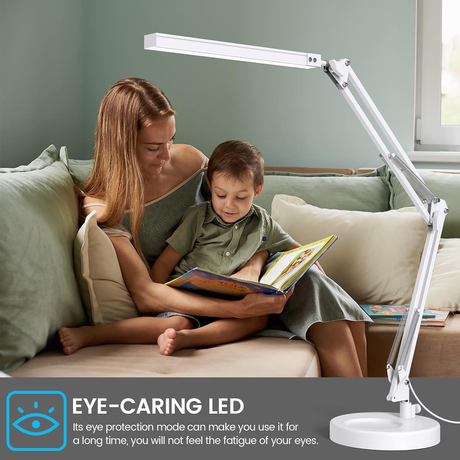 LED Desk Lamp with Clamp and Round Base,Eye Caring Table Lamp with Swing Arm,3 Color Modes 10 Brightness Levels,Memory Function Bedside Lamp,White Desk Light for Home Office with USB Adapter