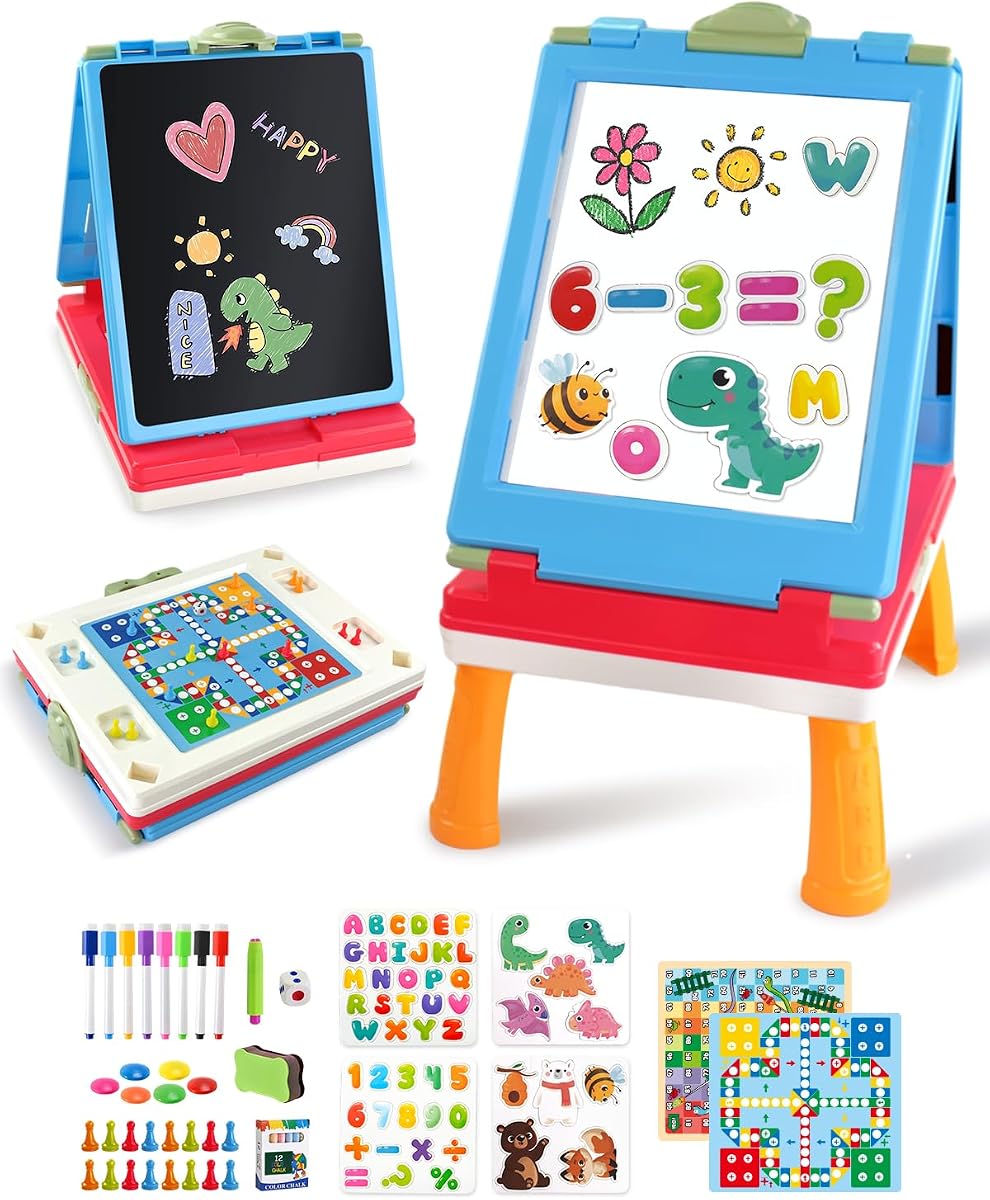 Easel for Kids, 4 in 1 Double Sided Art Easel with Chalkboard & Magnetic Whiteboard, Foldable Kids Tabletop Easel with Drawing & Writing Accessories - Gift for Boys and Girls (Blue)