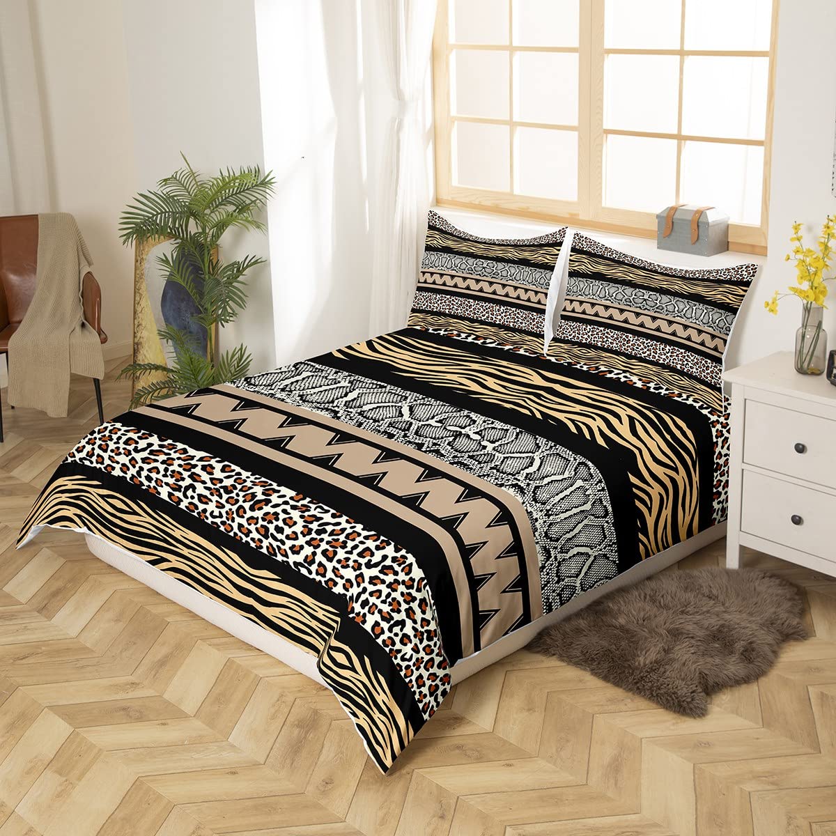 Leopard Print Bedding Set Kids Cheetah Zebra Snake Print Comforter Cover Set for Boys Girls Wild Animal Duvet Cover Breathable Geometric Stripe Bedspread Cover Stripes Quilt Cover Super King - Image 2
