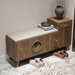 47in/120cm Entryway Wooden Shoe Bench, Shoe Storage Bench With Padded Seat, Large-Capacity Storage, Heightened Stool Legs, For Kitchen, Dining Room, Hallway(Walnut Style B,55in/140cm)
