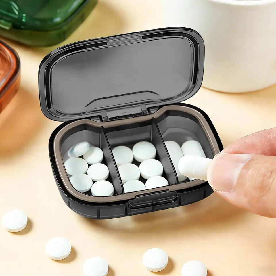 2PCS Travel Pill Organizer Compartments, Portable Small Medicine Storage Box for Vitamins and Supplements, Clear Pill Case 3 Compartments, Black