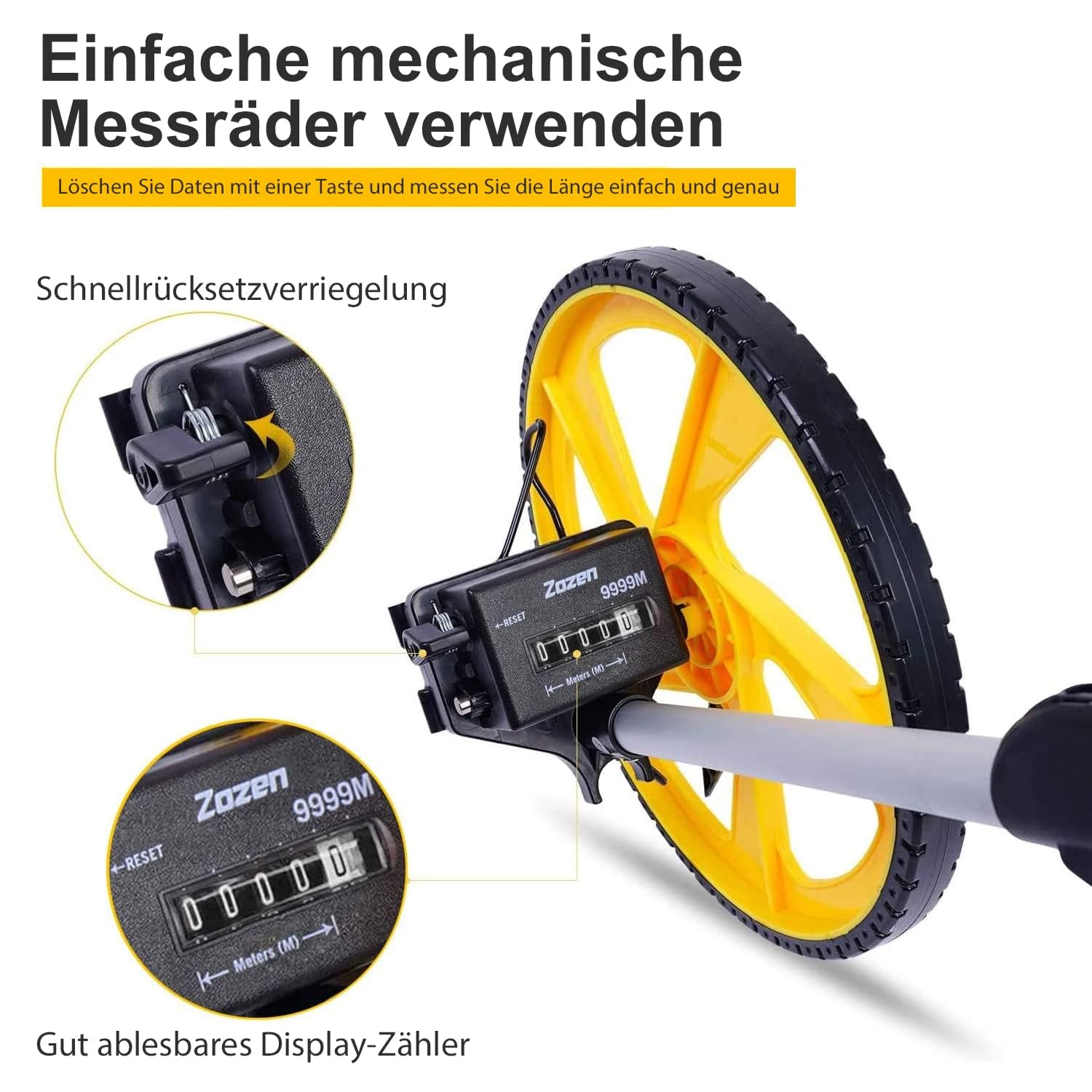 Zozen Messrad Drei Sätze, faltbar/Metrische Einheiten [bis zu 9999.9 m], Rollmessung mit Tragetasche, ein Schlüssel zum Zurücksetzen/Kickstand, um Stand zu halten/Startpunkt Arrow.