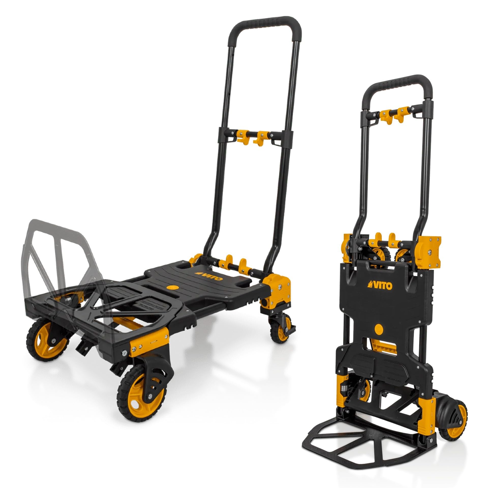 VITO VICTD2137 wytrzymały wózek transportowy 2 w 1 z platformą, składany wózek transportowy (70 kg / platforma 137 kg) – wytrzymałe koła – wózek ręczny z tworzywa sztucznego i stali, 7,2 kg