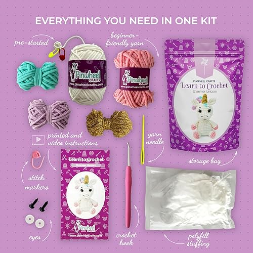 Miniatura 2 de Pinwheel Crafts Kit de ganchillo fácil para principiantes y niños a partir de 12 años, kit de unicornio amigurumi brillante para niños con hilo más