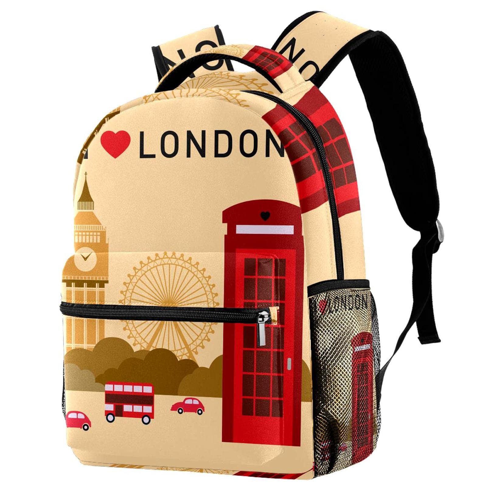 Leisure Campus Travel Backpacks, I Love London Symbols Big Ben Bags with Bottle Holder for Girls Boys