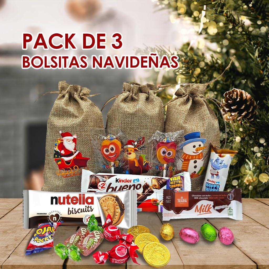 IAMI Pack 8 Bolsas de Lino de Navidad Rellenas de Chocolate y Chuches