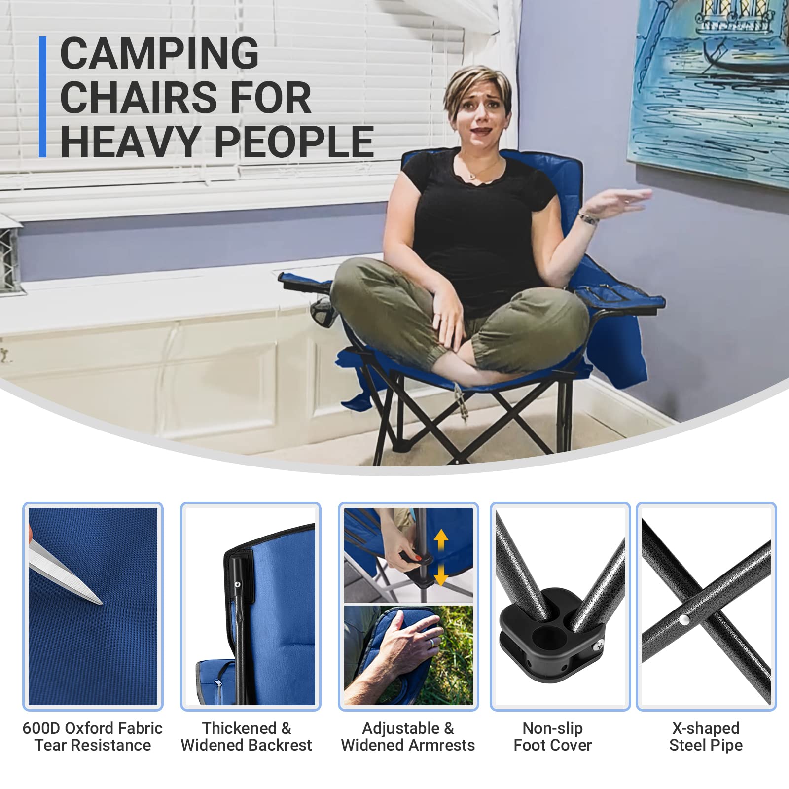 KingCamp Padded Heavy Duty Oversized Folding Camping Chairs Steel Frame with Cooler Bag Cup Holder Supports 300 LBS (2 Pack Blue)