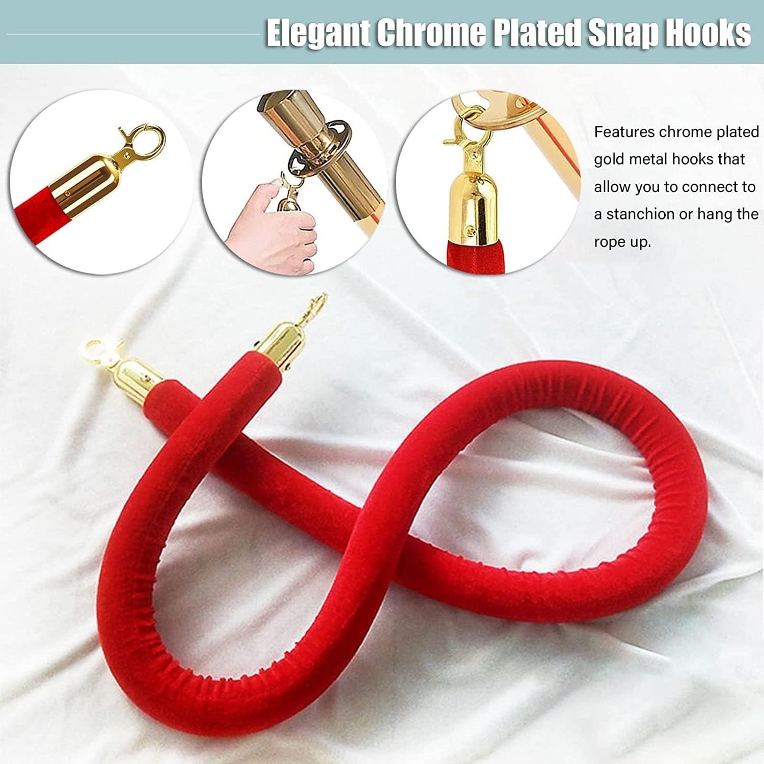 Crowd Control Rope, VIP Red Rope Barrier with Gold Stainless Steel Hooks - 2-Pack Twisted Flannel Post Rope for Queue Management/Hotels, 3m Long