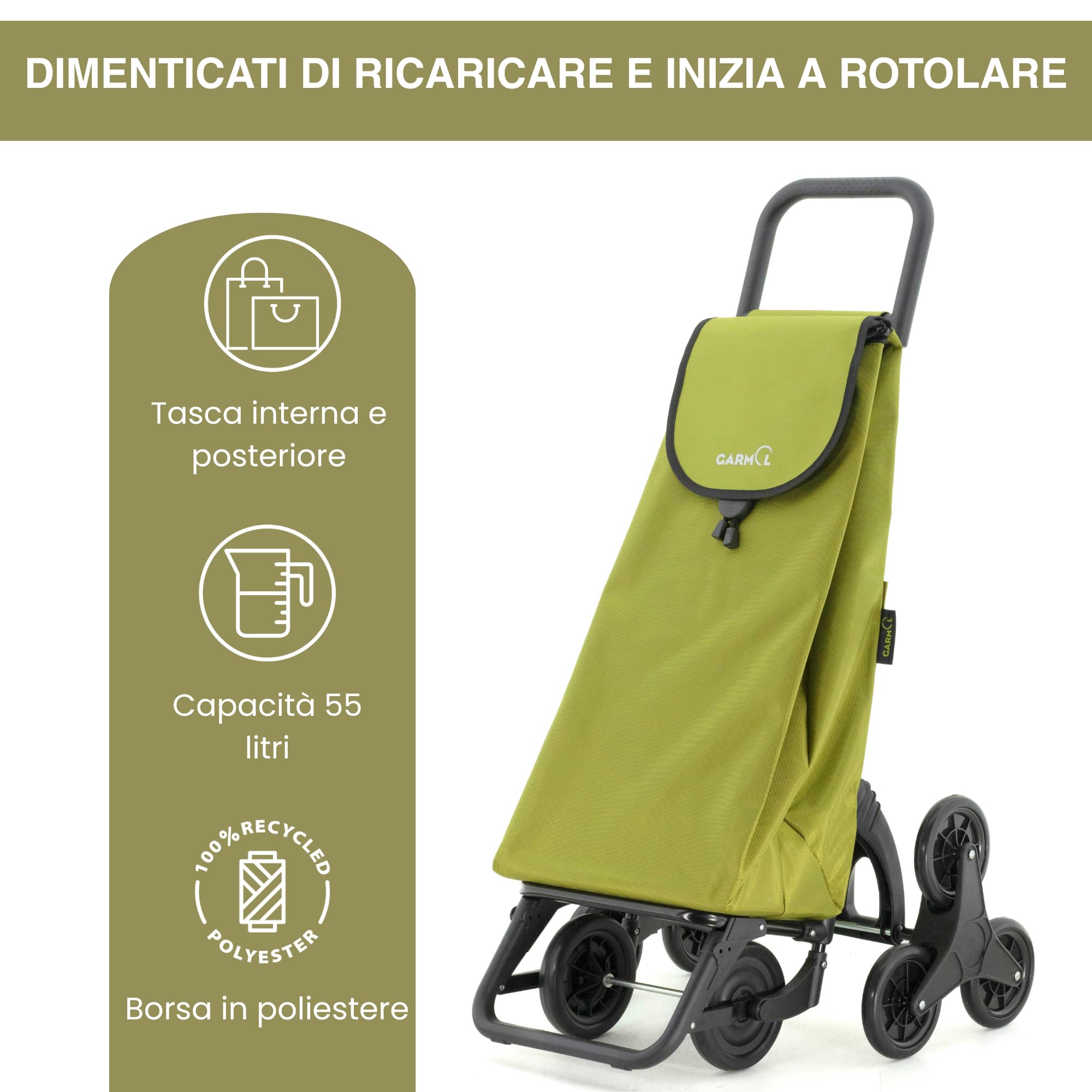 GARMOL Carrello della spesa pieghevole da 55 litri | Carrello della spesa 8 Ruote Salite Scale di Grande Capacità | Carrello della spesa Pieghevole Colore Verde Avocado