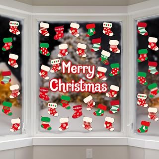 Christmas Stockings Window Clings - Merry Christmas Stickers, Holiday Decals, Removable Xmas Decorations for Winter Home Kitchen Office Classroom Decor