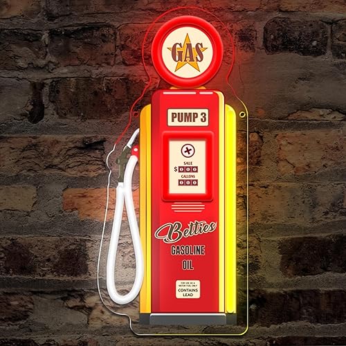 Letrero de neón vintage con bomba de gas, letrero de pared LED retro para garaje, bar, cueva de hombre o decoración automotriz, alimentado por USB,