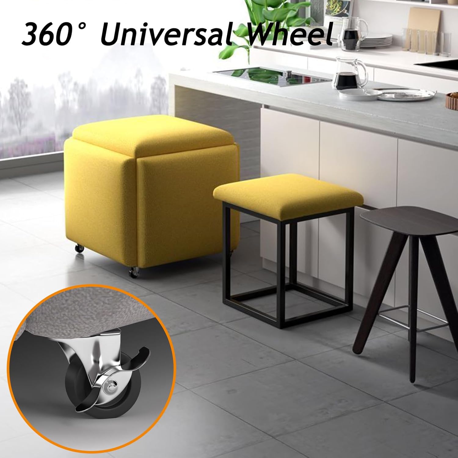 5 in 1 Nesting Ottoman Cube Chair, Flannel Movable Stackable Stools, Square Sofa Stool, Foot Stool with Wheels for Living Room Dining Room(17.7in, Blue)