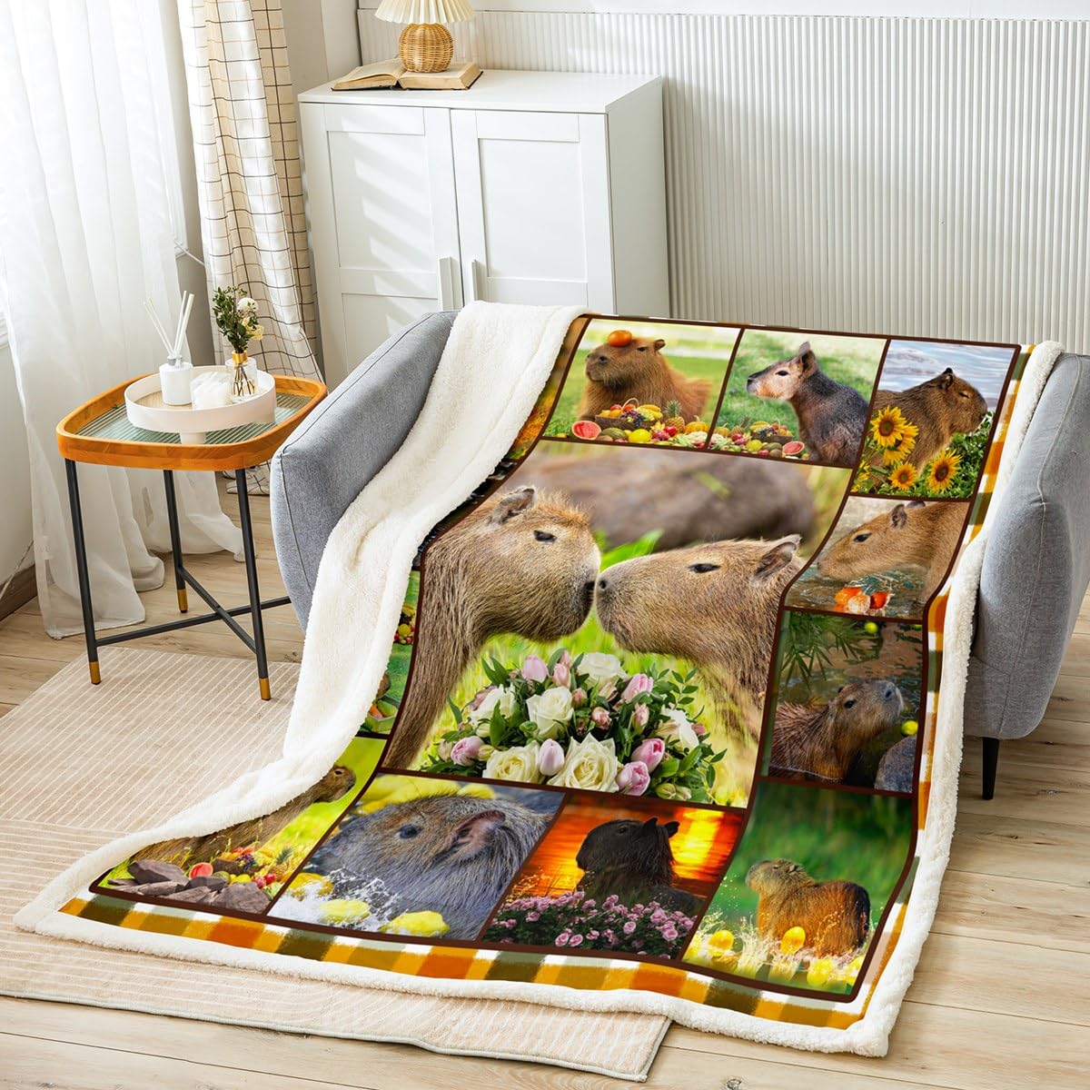 Homemissing Capybara Fleece Throw Blanket Kids Gifts for Capybara Lovers Plush Blanket for Bed Sofa Cartoon Capybara Animals Lovers Sherpa Blanket Plaid Grid Green Fuzzy Blanket Double 60x79 Inch