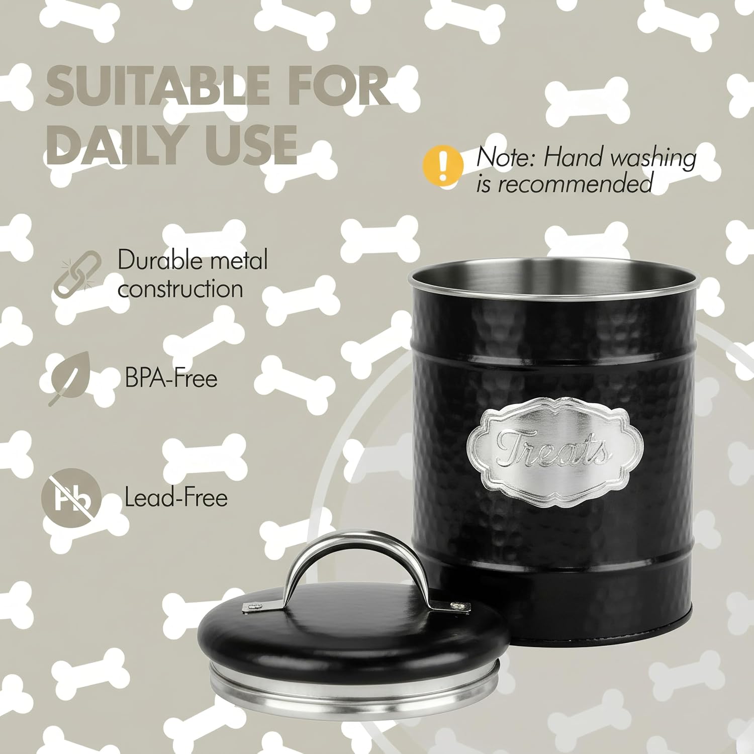 Amici Pet Cavalier Metal Canister Treats Jar, 40 Fluid Ounces, Black and Silver