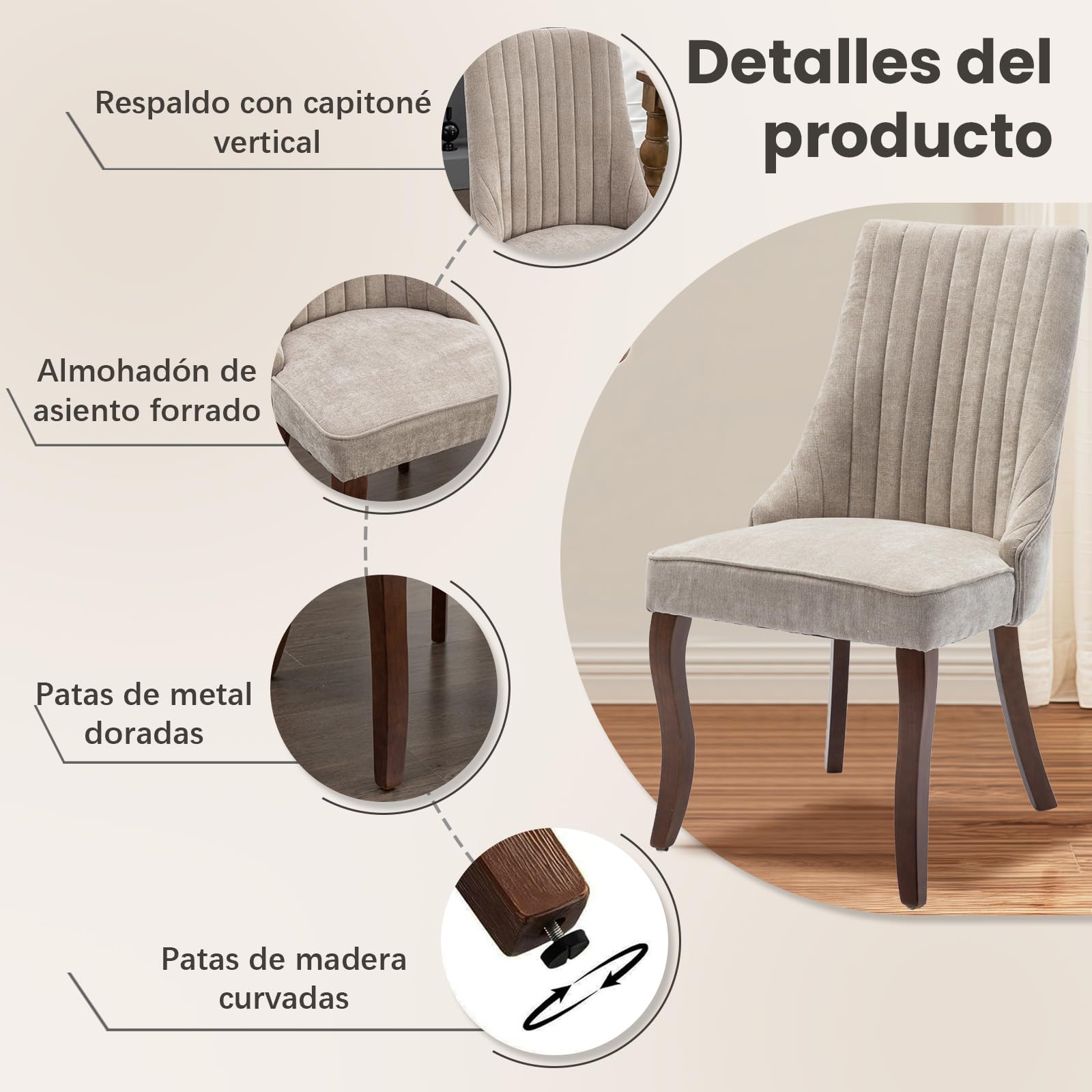 SoarFlash Conjunto de 2 sillas de Comedor, con Respaldo Alto y Acolchado Vertical, Patas de Madera Maciza curvadas, Elegante Silla tapizada para el Comedor, Beige Gris