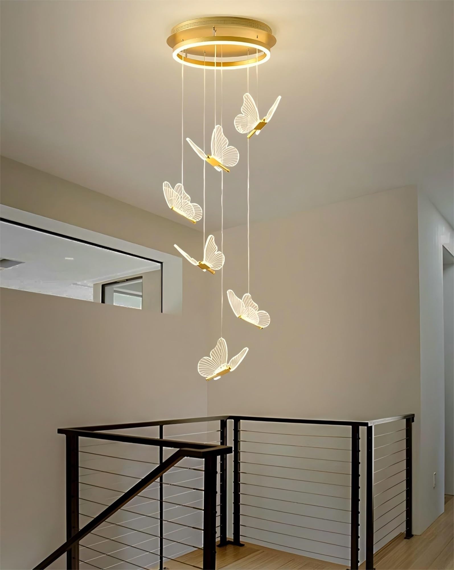 RuiRfh Chandelier LED butterfly shape decorative staircase Pendant Light height adjustable villa indoor large golden ceiling lamp dimmable suitable for living room restaurant hotel bar Hanging Lamp(Wh