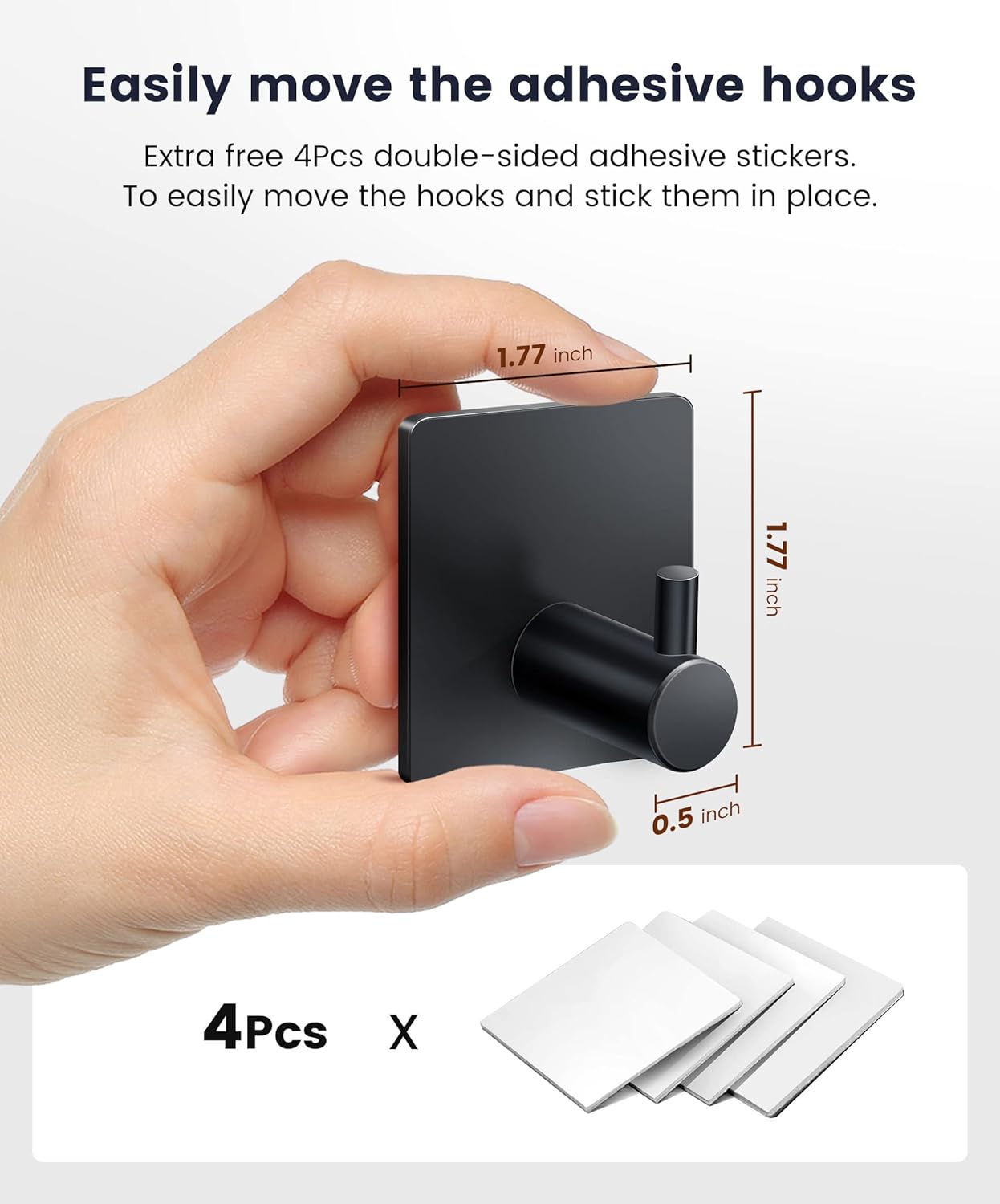 Adhesive Hooks Black Matte Towel Hooks 4 Packs, Heavy Duty Stainless Steel Wall Hooks, Stick on Hooks for Hanging Coat/Hat/Towel/Bathrobe/Key