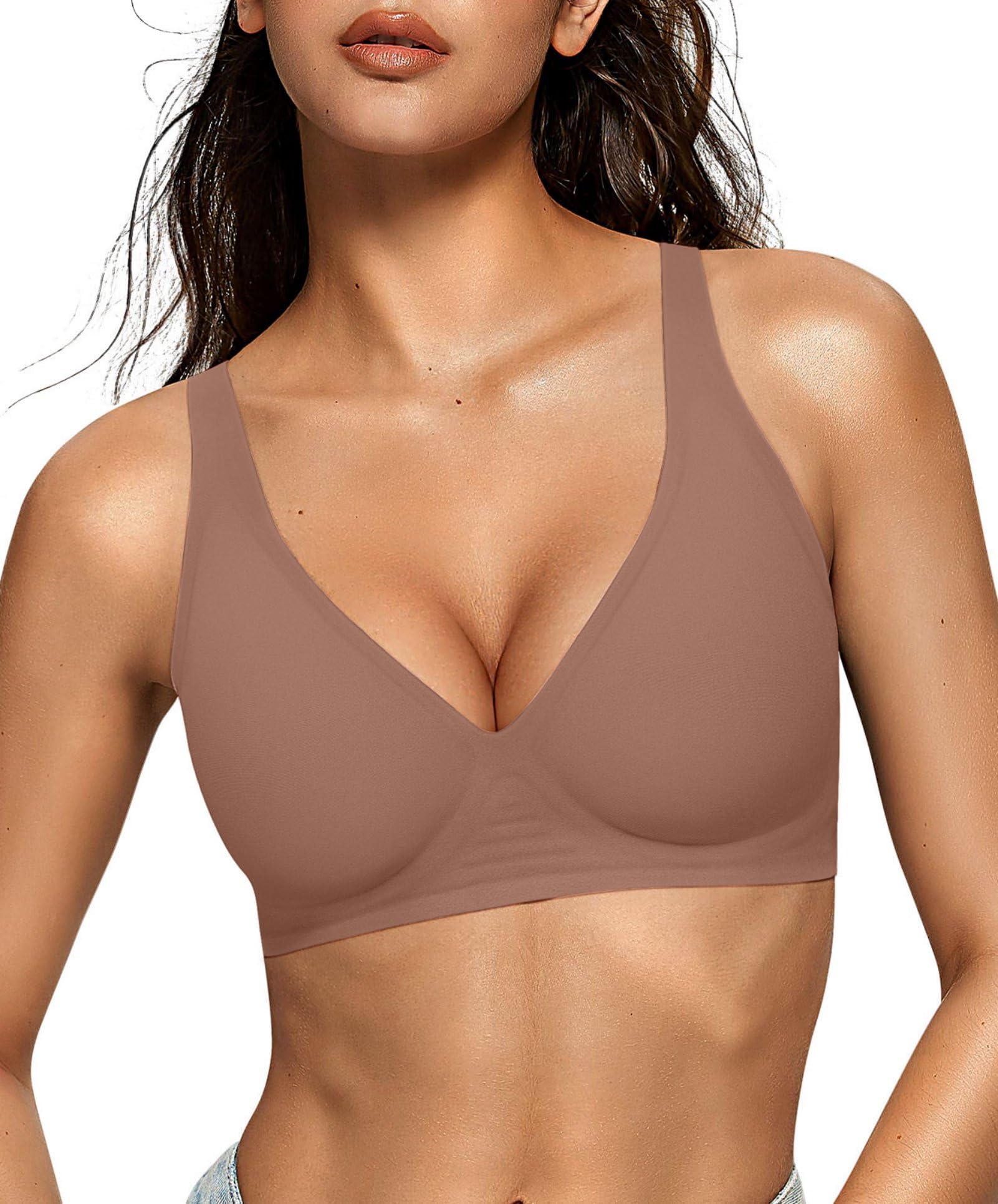 OEAK Womens Deep V Bras Wireless Comfortable Bra Supportive No Underwire Bras Tshirt Push Up Bralettes Plunge Seamless Bra