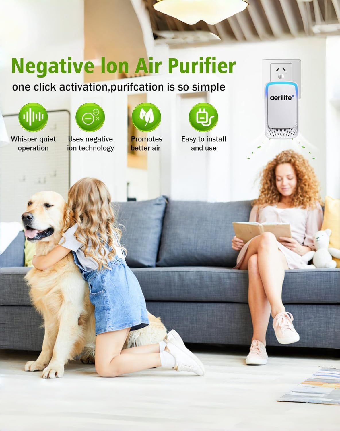 Aerolite Ionizzatore Plug In, purificatore d'aria aerilite, purificatore d'aria portatile e silenzioso agli ioni negativi, per uso domestico, animali domestici e comfort quotidiano, ultra silenzioso