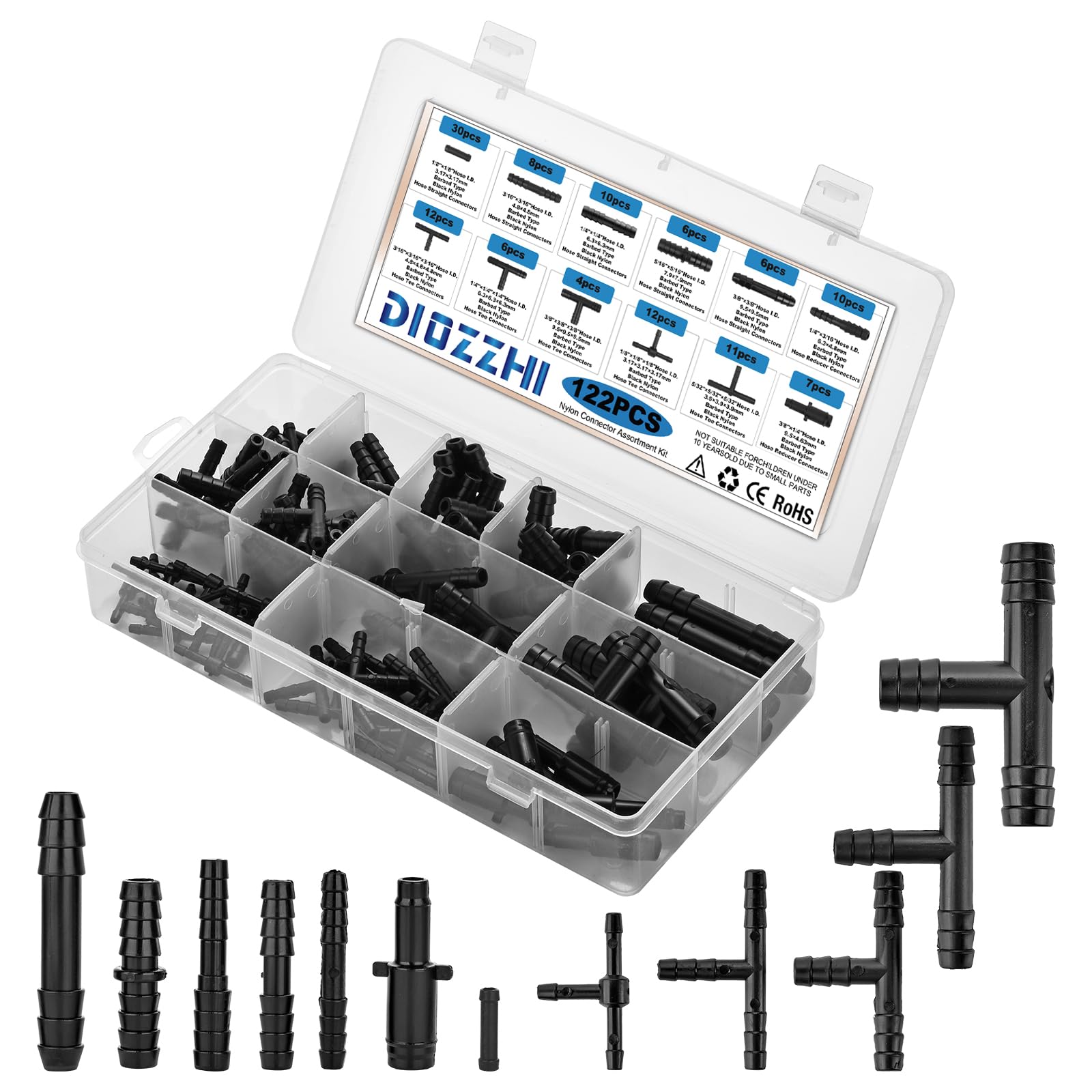 DIOZZHI 122Pcs Barbed Automotive Vacuum Connector Assortment Kit, 12Sizes Including Nylon Tee and Reducer Connectors for Replacing Vacuum Hose,Black