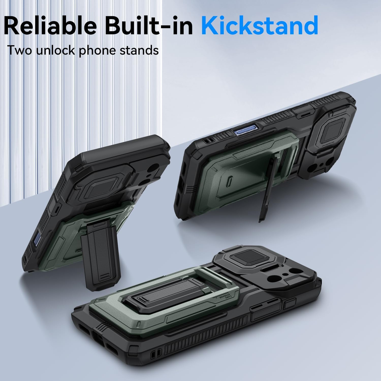 for iPhone 17 Pro Max Case with Semi-Automatic Card Slot (3-4 Cards) RFID Blocking & Kickstand & Camera Lens Cover & Wallet, Heavy Duty Rugged Phone Case (Green)