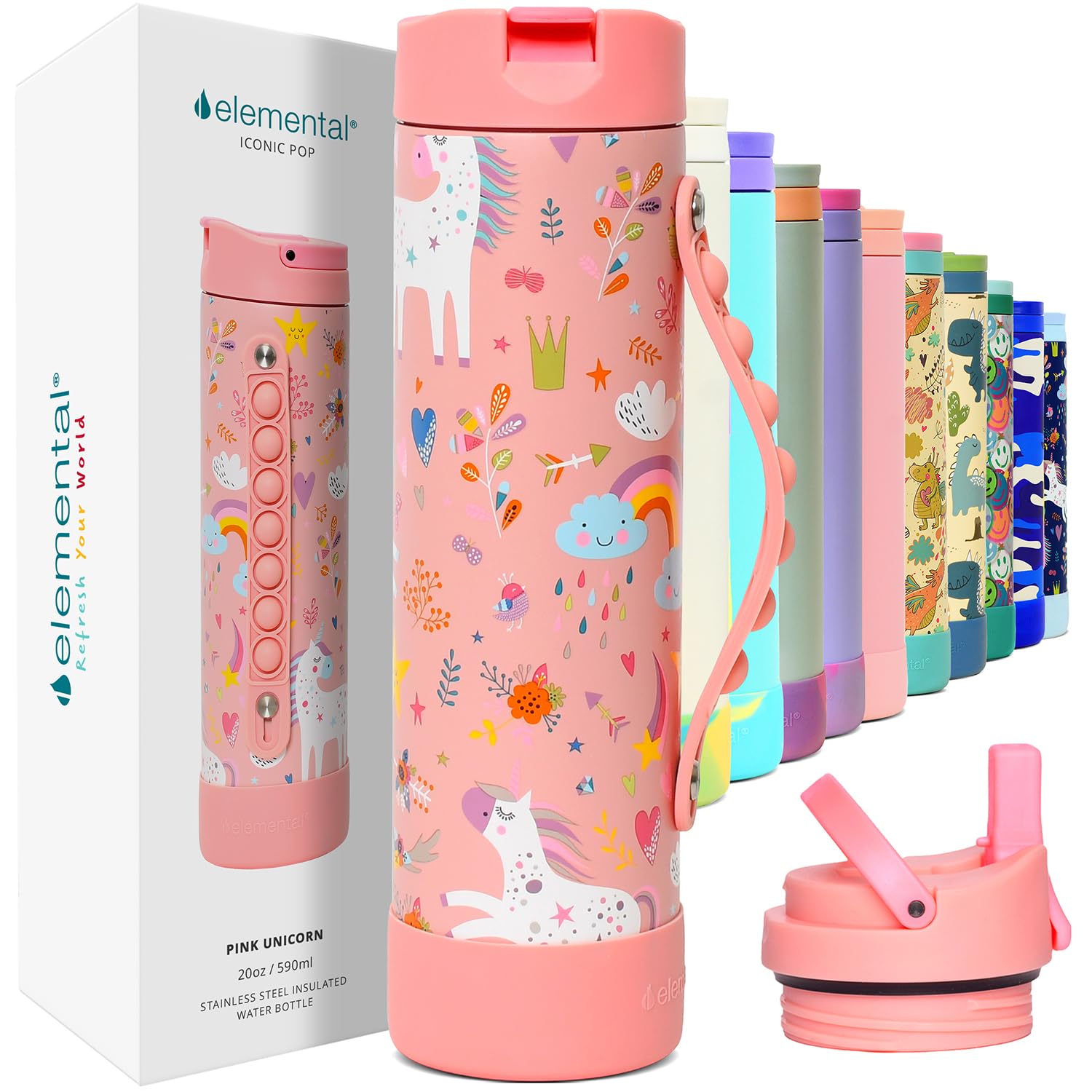 Elemental Iconic 20oz Kids Insulated Water Bottle w/Straw &amp; Pop-It Handle