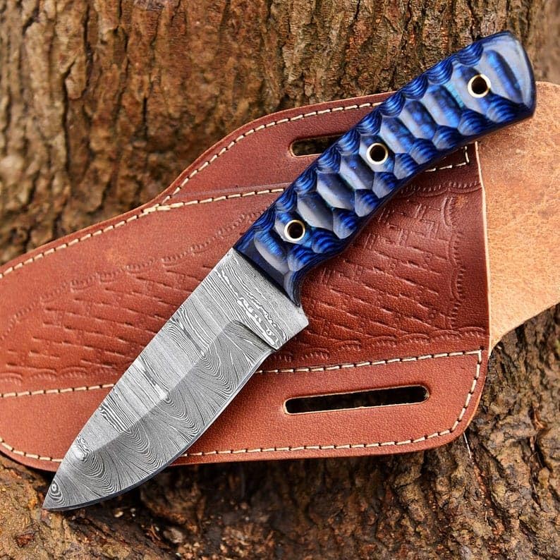 Custom Handmade Damacus Steel Skinner Knife, Hunting Knife, Fixed Blade, EDC Knife for Hunting, Camping, Outdoor Activities, Densified Wood Handle, Premium Leather Sheath